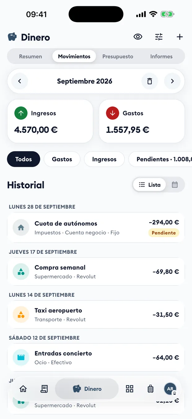Cada euro, en su sitio: pantalla de la app Aldía