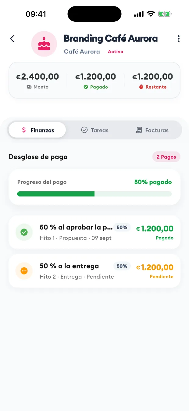 Cada proyecto, con sus cobros: pantalla de la app Aldía
