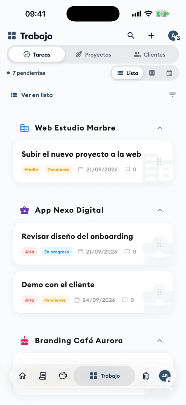 Tareas por proyecto: pantalla de la app Aldía